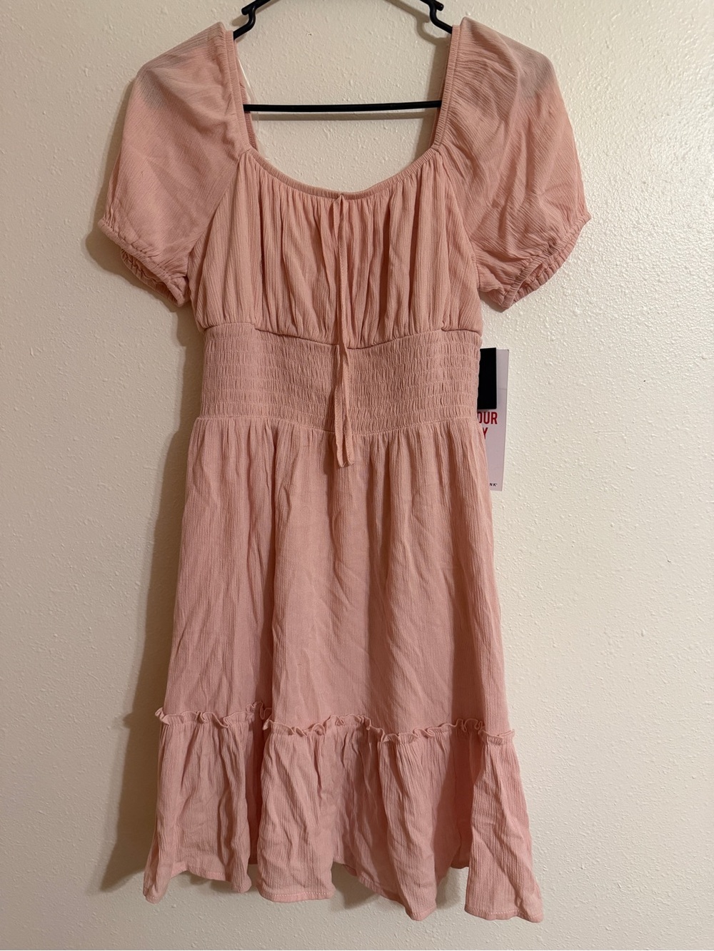 Celebrity Pink Blush Pink Smocked Waist Puff Sleeve Mini Dress S NWT